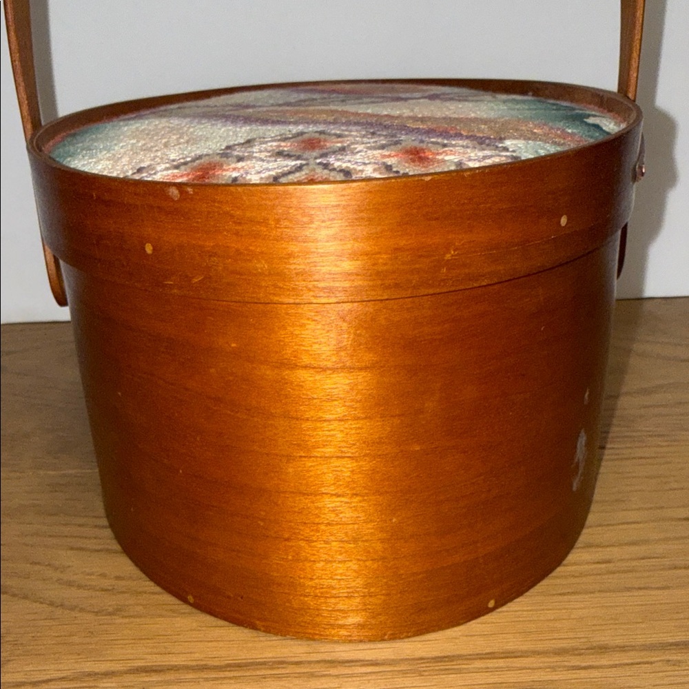 Shaker Sewing Basket Embroidered Lid Wooden Basket - Picture 3 of 14